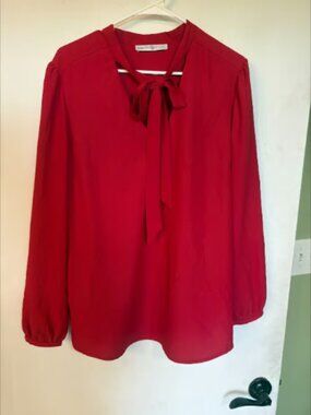 Women's Red Long Sleeve Bow Neck Blouse